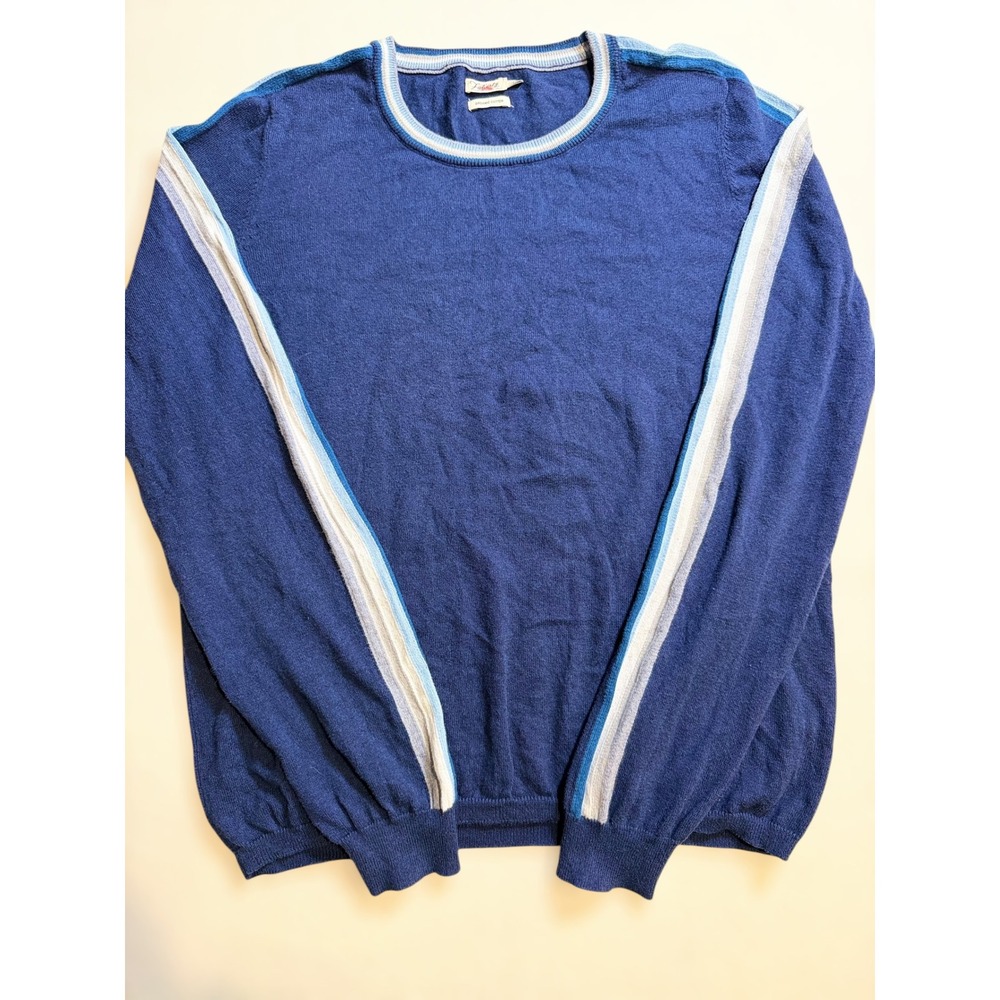 Faherty Mens Navy Blue Striped Sleeve Organic‎ Cotton Cashmere Sweater Large